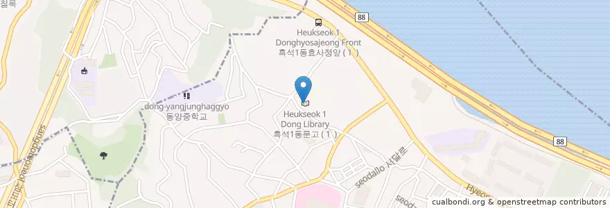 Mapa de ubicacion de 흑석1동문고 en Республика Корея, Сеул, 동작구, 흑석동.