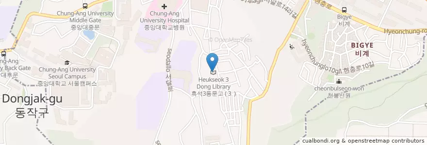Mapa de ubicacion de 흑석3동문고 en 大韓民国, ソウル, 銅雀区, 흑석동.
