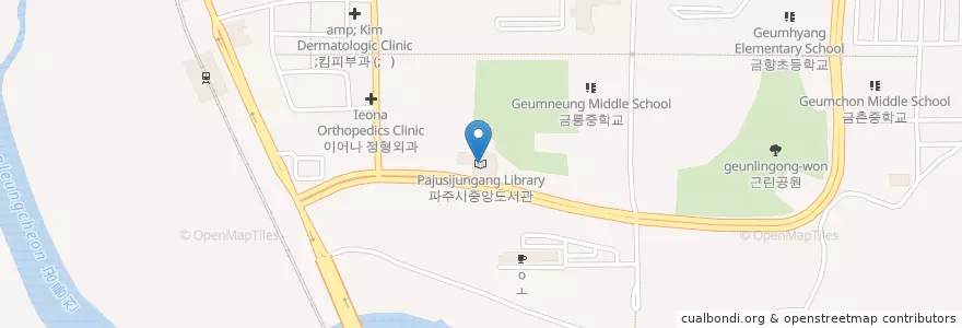 Mapa de ubicacion de 파주시중앙도서관 en کره جنوبی, گیونگی-دو, پاجو, 금촌2동.