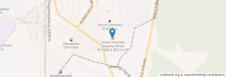Mapa de ubicacion de 한세대학교 중앙도서관 en Korea Selatan, Gyeonggi, 군포시, 의왕시.