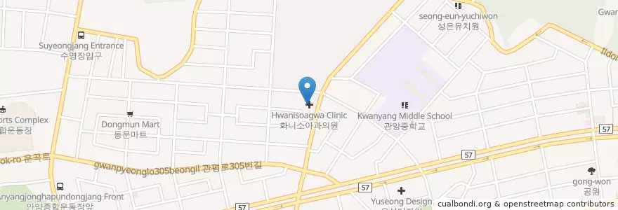 Mapa de ubicacion de 금산방화랑 en 대한민국, 경기도, 안양시, 동안구, 관양동, 비산동.