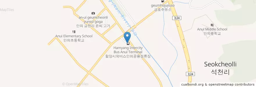 Mapa de ubicacion de 함양시외버스안의공용정류장 en Республика Корея, Кёнсан-Намдо, 함양군.