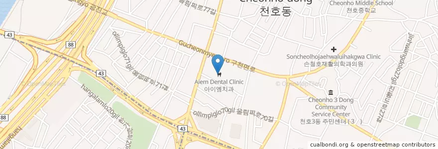 Mapa de ubicacion de 아이엠치과 en Corée Du Sud, Séoul, 강동구, 천호동, 천호2동.