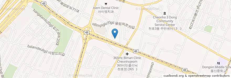 Mapa de ubicacion de 연세고운미소치과 강동점 en 대한민국, 서울, 강동구, 천호2동.