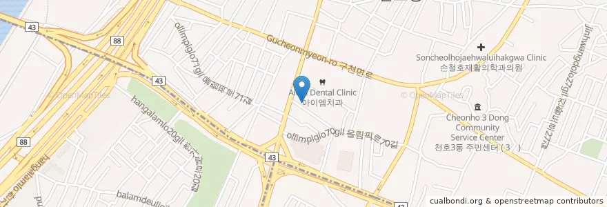 Mapa de ubicacion de 운산한의원 천호점 en Südkorea, Seoul, 강동구, 천호동, 천호2동.