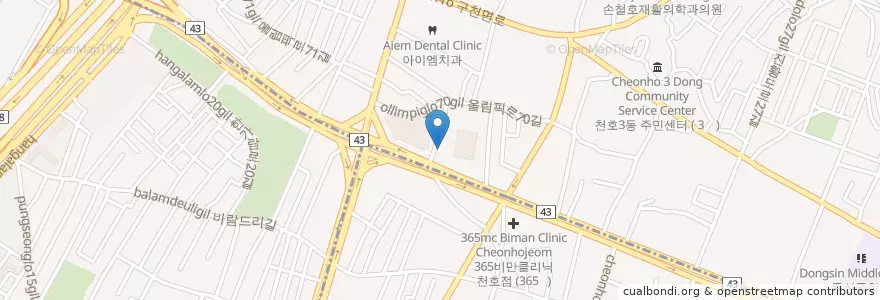 Mapa de ubicacion de 메이저피부과 천호점 en Zuid-Korea, Seoel, 강동구, 천호동, 천호2동.