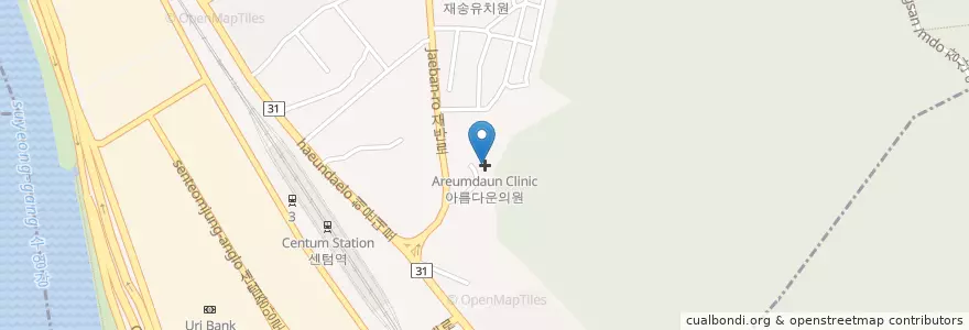 Mapa de ubicacion de Areumdaun Clinic en South Korea, Busan, Haeundae-Gu, U-Dong, Jaesong-Dong.