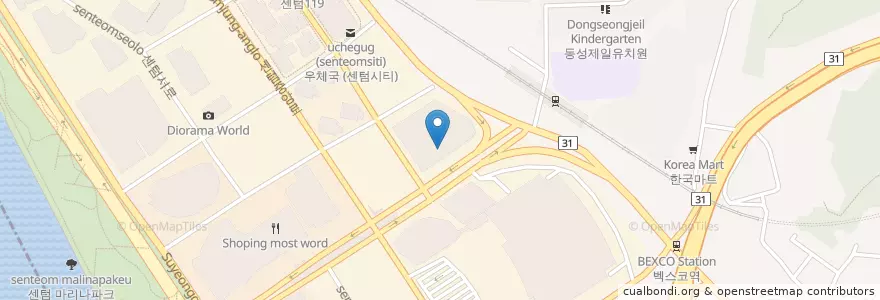 Mapa de ubicacion de 센텀치과의원 en 大韓民国, 釜山, 海雲台区, 佑洞.