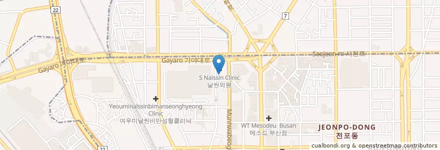 Mapa de ubicacion de 오라클피부과 부산서면점 en Республика Корея, Пусан, 부산진구, 부전동.