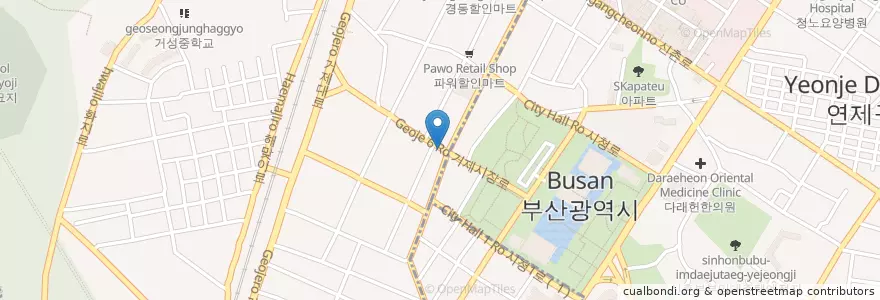 Mapa de ubicacion de Beodeunamu Oriental Medicine Clinic en South Korea, Busan, Yeonje-Gu, Geoje-Dong.