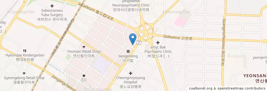 Mapa de ubicacion de 이바담그룹의원 en Korea Selatan, 부산, 연제구, 거제동, 연산동.