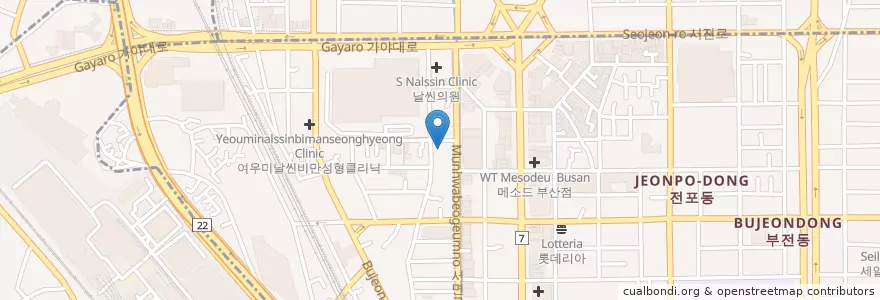 Mapa de ubicacion de 에스성형외과 en Республика Корея, Пусан, 부산진구, 부전동.