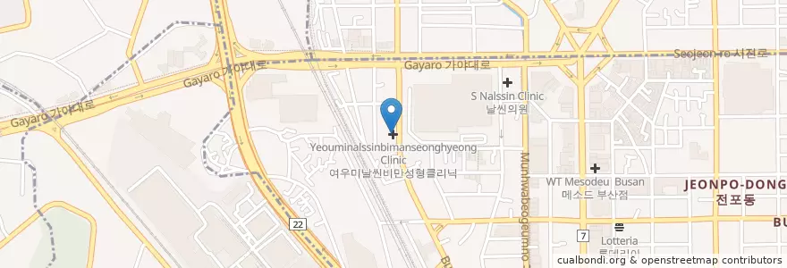 Mapa de ubicacion de 여우미날씬의원 en Coreia Do Sul, Busan, 부산진구, 부전동.