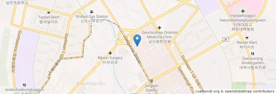 Mapa de ubicacion de 함소아한의원 부산점 en Coreia Do Sul, Busan, 해운대구, 좌동, 중동.
