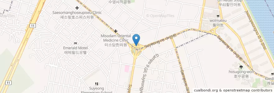 Mapa de ubicacion de 유앤아이치과 en Corea Del Sur, Busan, 수영구, 광안동, 수영동.