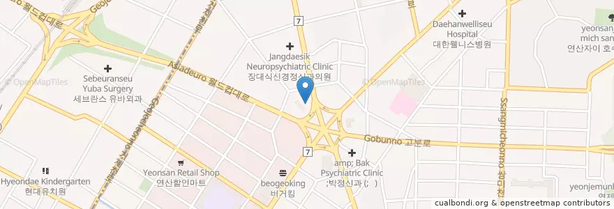 Mapa de ubicacion de 코비한의원 연제점 en Güney Kore, Busan, 연제구, 거제동, 연산동.