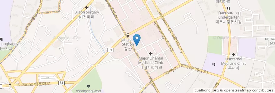 Mapa de ubicacion de Mojjareuteu Dental Clinic en South Korea, Busan, Haeundae-Gu, Jwa-Dong, Jung-Dong.