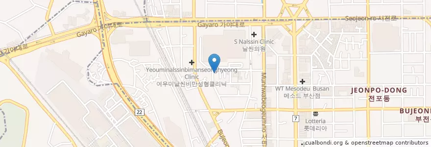 Mapa de ubicacion de 밝은눈안과 en Südkorea, Busan, Busanjin-Gu, Bujeon-Dong.