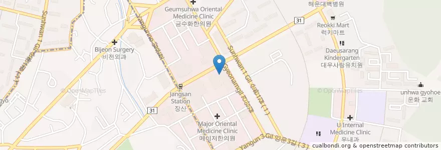 Mapa de ubicacion de 나비아이한의원 해운대신도시점 en 韩国/南韓, 釜山, 海雲臺區, 좌동, 중동.