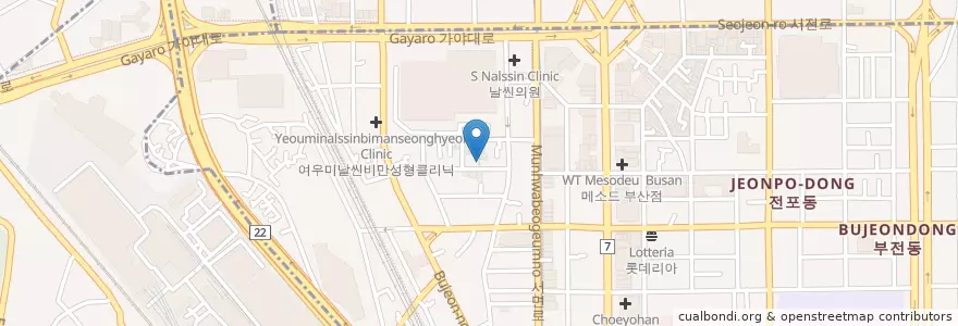 Mapa de ubicacion de 올리브날씬의원 en 大韓民国, 釜山, 釜山鎮区, 釜田洞.