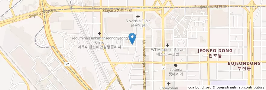Mapa de ubicacion de 이센치과 en 대한민국, 부산, 부산진구, 부전동.