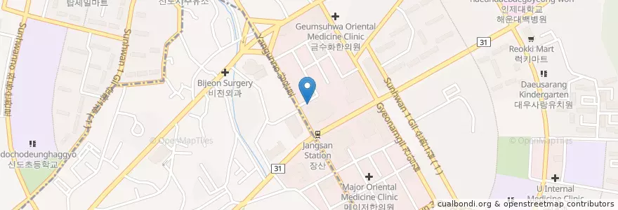 Mapa de ubicacion de 신통한의원 en 大韓民国, 釜山, 海雲台区, 佐洞, 中洞.