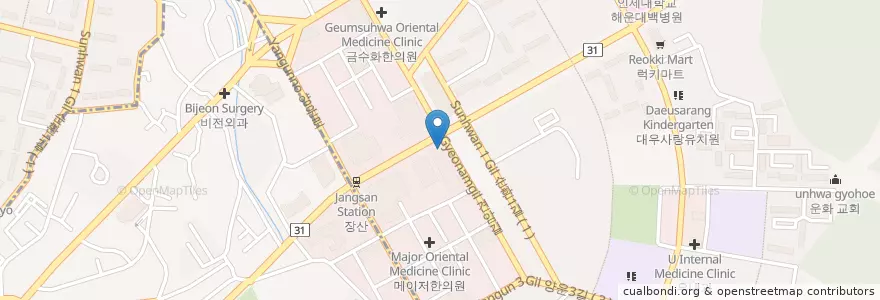 Mapa de ubicacion de 본디올 몸엔맘한의원 en 大韓民国, 釜山, 海雲台区, 佐洞, 中洞.