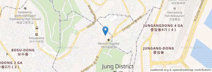 Mapa de ubicacion de 메리놀병원 en Zuid-Korea, Busan, 중구, 동광동, 대청동.