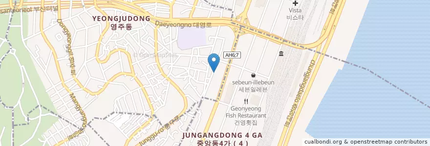 Mapa de ubicacion de 심당요양병원 en 대한민국, 부산, 중구.