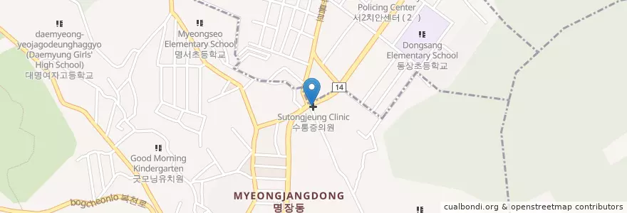 Mapa de ubicacion de 수통증의원 en Coreia Do Sul, Busan, 동래구, 명장동.