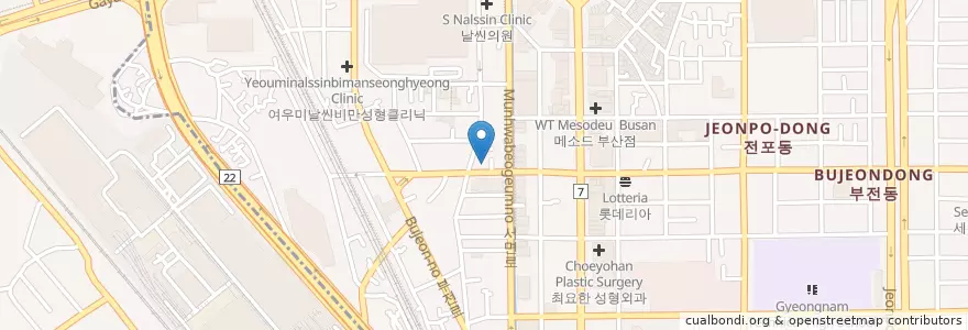 Mapa de ubicacion de 아름다운날씬성형외과피부과 en 大韓民国, 釜山, 釜山鎮区, 釜田洞.