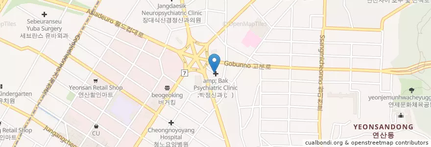Mapa de ubicacion de 마노메디비뇨기과의원 부산점 en 大韓民国, 釜山, 蓮堤区, 蓮山洞.
