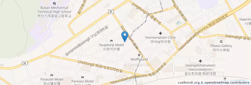 Mapa de ubicacion de 신화재활의학과병원 en 대한민국, 부산, 해운대구.
