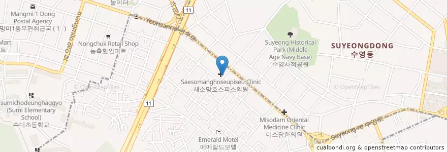 Mapa de ubicacion de Bangnochun Internal Medicine Clinic en South Korea, Busan, Suyeong-Gu, Gwangan-Dong, Mangmi-Dong.