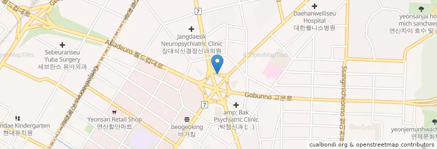 Mapa de ubicacion de 7 Internal Medicine Clinic en South Korea, Busan, Yeonje-Gu, Geoje-Dong, Yeonsan-Dong.