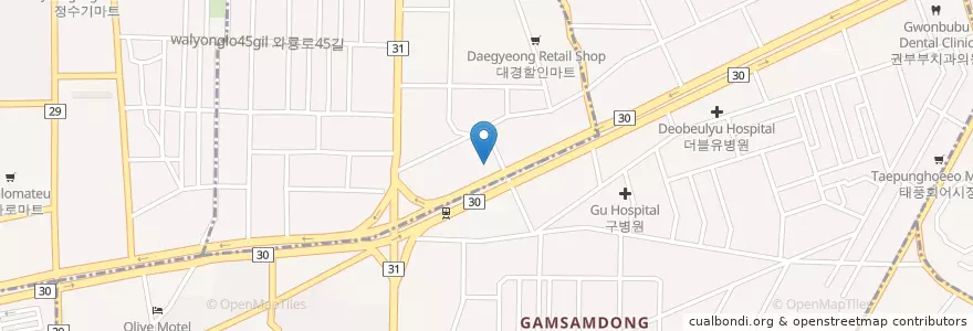 Mapa de ubicacion de 서대구대동병원 en 대한민국, 대구, 달서구, 감삼동, 죽전동.