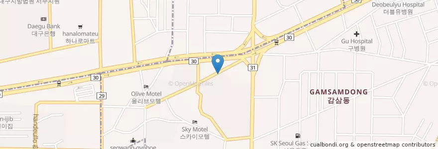 Mapa de ubicacion de 오라클피부과 대구죽전점 en 대한민국, 대구, 달서구, 감삼동.