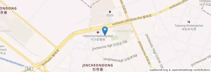 Mapa de ubicacion de Haepibeurein Eoneoinjisimni Center en South Korea, Daegu, Dalseo-Gu, Jincheon-Dong.