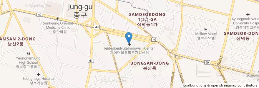 Mapa de ubicacion de Jeideobeulyutalmogwalli Center en South Korea, Daegu, Jung-Gu, Seongnae-Dong.