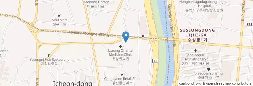 Mapa de ubicacion de Daebaeksamseong Internal Medicine Clinic en South Korea, Daegu, Nam-Gu, Icheon-Dong.