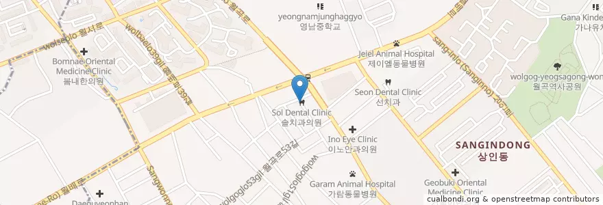 Mapa de ubicacion de 솔치과의원 en 대한민국, 대구, 달서구, 상인동.