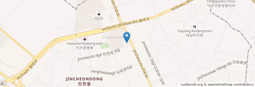 Mapa de ubicacion de 해맑은동물병원 en 대한민국, 대구, 달서구, 진천동.