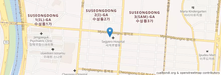 Mapa de ubicacion de 수성 카톨릭 피부과 의원 en Güney Kore, Daegu, 수성구, 수성동.