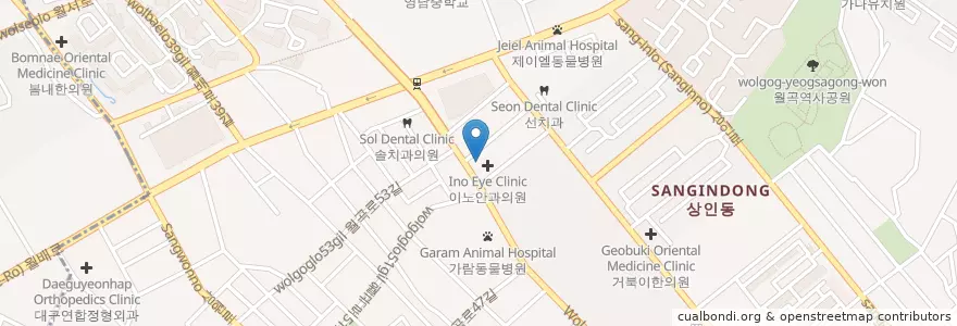 Mapa de ubicacion de 동산연합이비인후과의원 en کره جنوبی, دائجو, 달서구, 상인동.