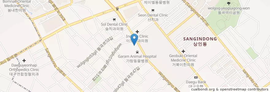 Mapa de ubicacion de 가람동물병원 en 대한민국, 대구, 달서구, 상인동.