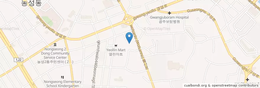 Mapa de ubicacion de 동신병원 en Südkorea, Jeollanam-Do, Gwangju, 남구, 서구.