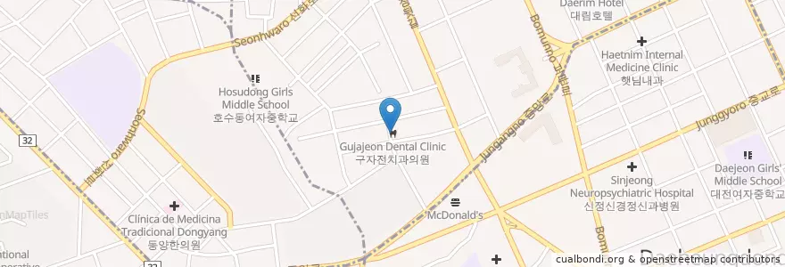Mapa de ubicacion de 구자전치과의원 en 大韓民国, 大田, 中区.