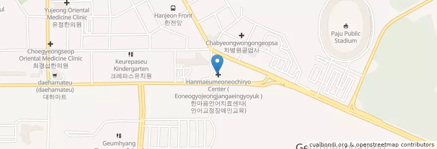 Mapa de ubicacion de 한마음언어치료센타(언어교정장애인교육) (Hanmaeumeoneochiryo Center en 대한민국, 경기도, 파주시.