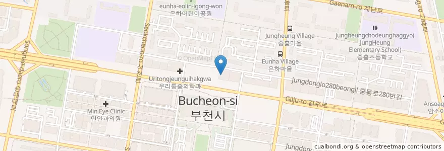 Mapa de ubicacion de 프라임성가이비인후과 en 韩国/南韓, 京畿道, 富川市.