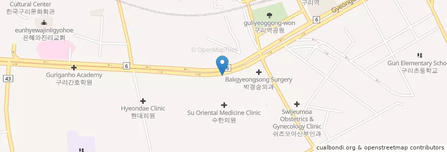 Mapa de ubicacion de 열린이비인후과의원 en کره جنوبی, گیونگی-دو, 구리시.